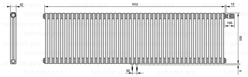 Схема (чертеж) Радиатор Zehnder Charleston 2090/42 №V008 Белый глянцевый RAL 9016